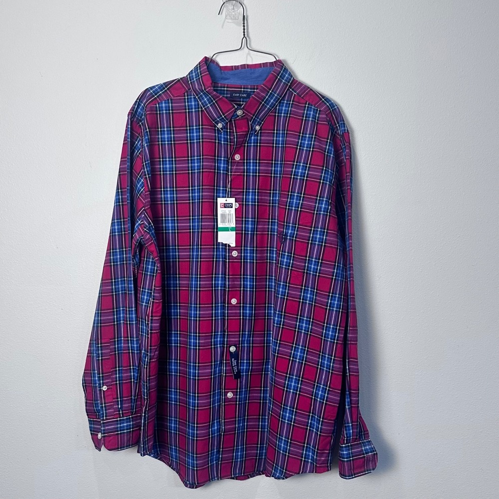 New Chaps Mens Plaid Button Down Shirt‎ Easy Care Long Sleeve Preppy Red Blue L